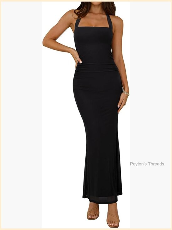 Dresses & Skirts - Mesh Sheer Sleeveless Wedding Guest Maxi Dress Ruched Bodycon Square Neck